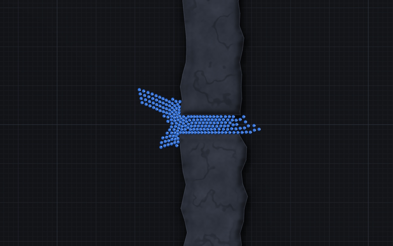 A tight column of blue units funneling into a narrow gap in a long rock wall.