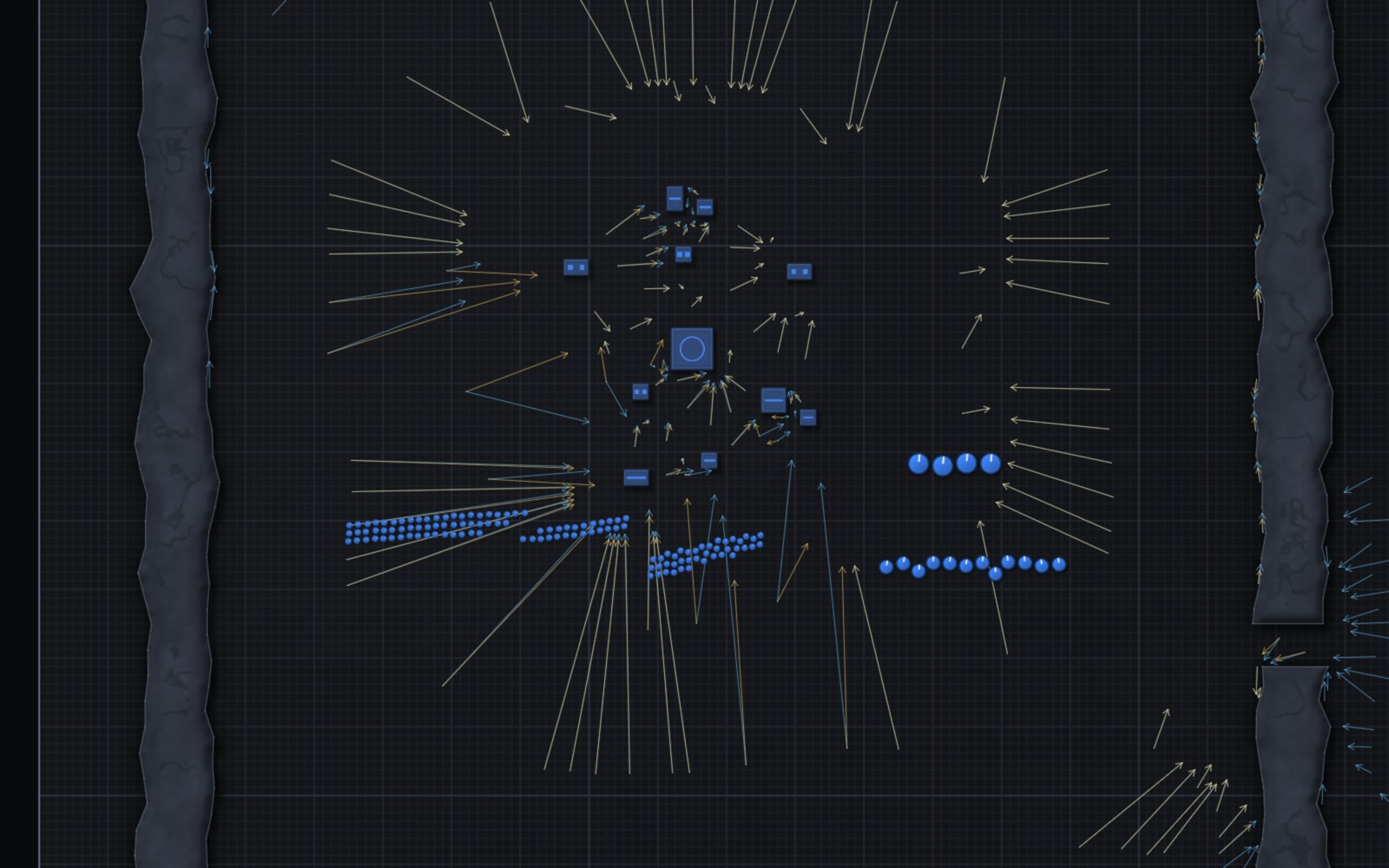 A walled area with a mixed group of blue units, surrounded by many thin arrows pointing toward a single point.