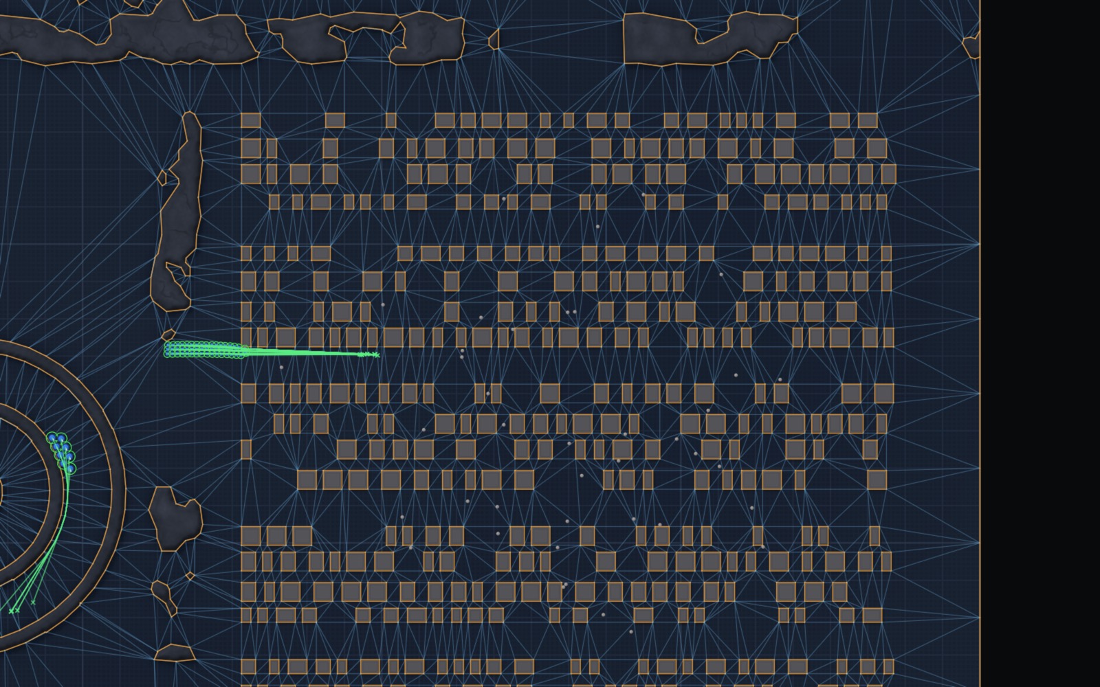 The town scenario with the navigation mesh drawn as thin blue triangles between rows of small buildings, and green order lines from a selected army.